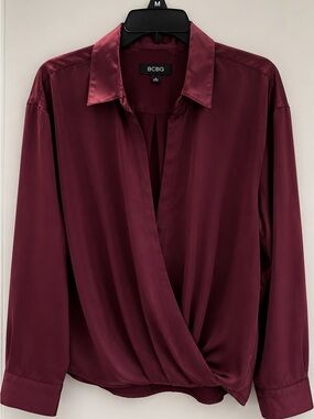 BCBG Satin Wrap Blouse - Burgundy